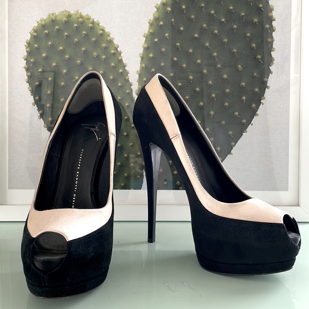 Giuseppe Zanotti Design black suede & cream satin platform prep-toe heels